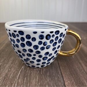 Old Pottery Company Blue Polka Dot Stripes Gold Handle Asymmetrical Mug Cup